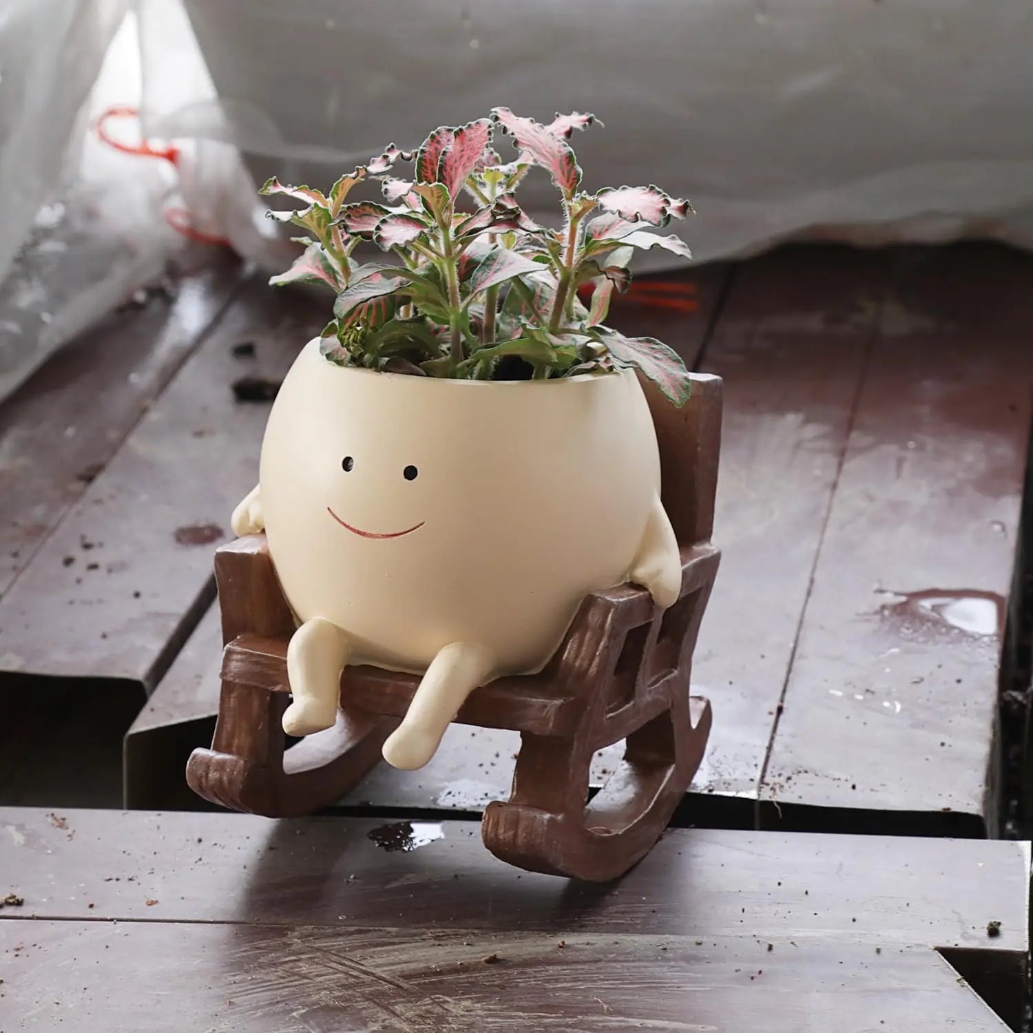 Smily Face Planter Pot Cute Resin Flower Head Planters for Indoor Outdoor Unique Sit Rocking Chair Succulent Pots Gift